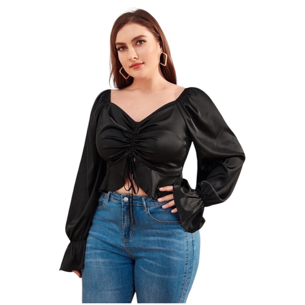 ▪️Plus Bell Sleeve Ruched Drawstring Front Satin Peplum Top